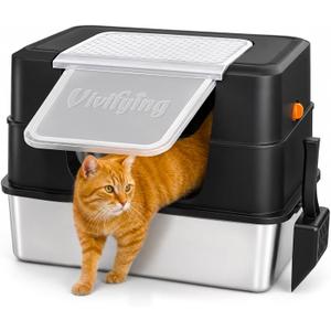 Vivifying XL Stainless Steel Cat Litter Box with Lid, Side Entry, Black