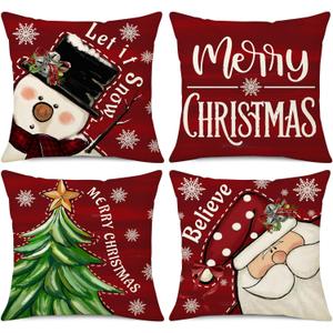 NIGHTWISH Christmas Pillow Covers 18x18 Set of 4 Red Christmas Decorations Let It Snow Snowman Believe Santa Claus Throw Pillow Covers Xmas Tree Winter Holiday Cushion Case for Sofa Couch