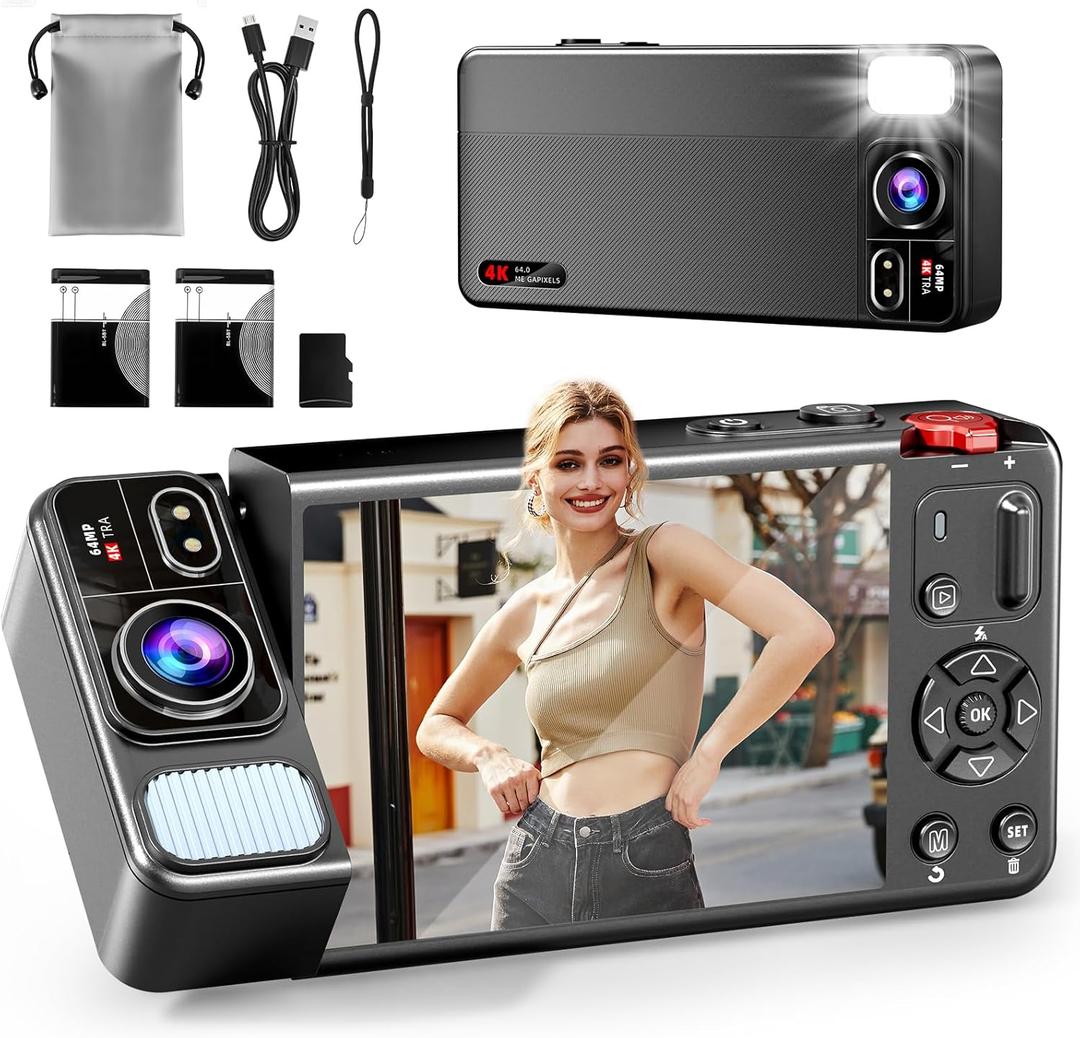 Digital Camera, 4K 64MP Cameras for Photography, 270Flip Screen Vlogging Camera, Autofocus, Flash, 18X Zoom, 2 Batteries, 64GB Card, Point and Shoot Digital Cameras for Kids Teens, Black