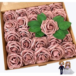 Dusty Rose Artificial Flowers 25pcs, Dusty Rose Flowers for Centerpieces DIY Wedding Decorations, Real Looking Dusty Pink Flowers with Stems for Valentine's Day Dessert Table Decor