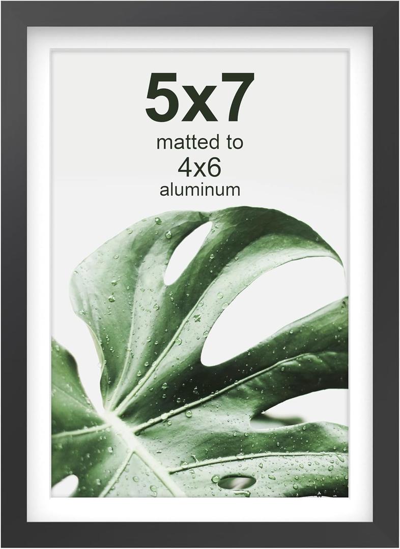 FrameWorks 5"x7" with 4"x6" Mat  Black Deluxe Modern Aluminum Picture Frame with Tempered Glass and Removable Mat