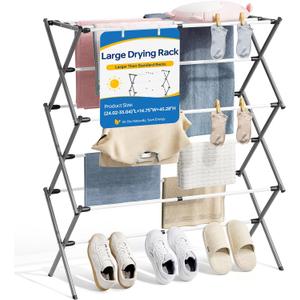 Oversized Clothes Drying Rack, 45.28" H × 14.57" D | Foldable & Extendable, Adjustable Size (24.49"-35.51"L), Space-Saving, Rust-Resistant Frame, Indoor/Outdoor Use, Grey White