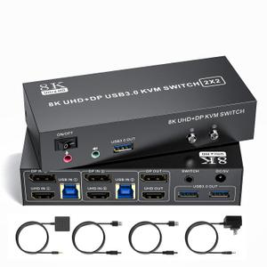 KVM Switch 2 Monitors 2 Computers 8K@60Hz/4K@144Hz HDMI Displayport Dual Monitor KVM Switches 3 USB3.0 Ports for Sharing Keyboard Mouse Mic Headset with 2 USB Cable Power Adapter Desktop Controller