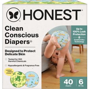 The Honest Company Clean Conscious Diapers®, Up to 100% Leak Protection, Designed to Protect Delicate Skin, Hypoallergenic + Fragrance-Free, UR Ribbiting + Waddle It Be, Club Box, Size 6, 40 Count