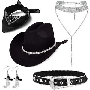 MEDOJO Cowboy Costume Outfit for Women Glitter Choker Necklace Cowboy Hat Buckle Belt Accessories Set for Halloween Cosplay Party