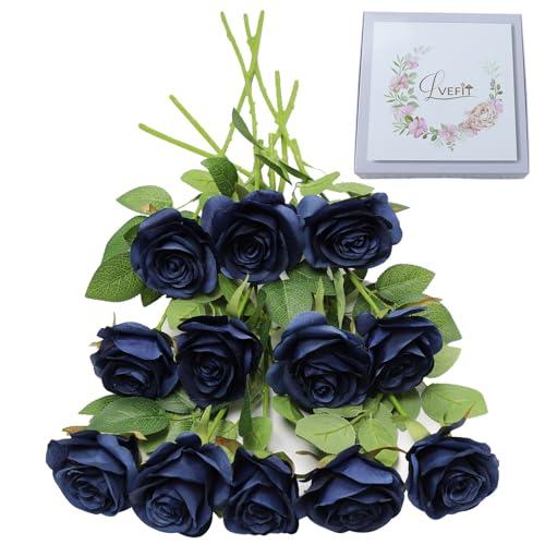 LVEFIT Artificial Rose Flower Artificial Flowers Flower with Long Stem Silk Roses Bouquet for Wedding Bridal Shower Party Home Decoration (Navy Blue, 12 Pcs)