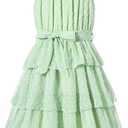 Move Dance Girls Summer Dress Tween Halter Neck Green Flared Midi A-Line Sundress Swiss Dot Sleeveless Casual Layered Chiffon Dresses with Belt 12-13 Years Old