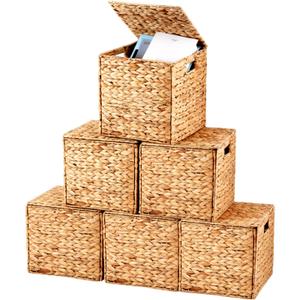 Jinei 6 Pcs Water Hyacinth Storage Baskets with Lid 12"x12"x12" Wood Color