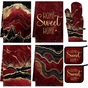 Leinuosen 8 Pcs Burgundy Marble Kitchen Towels and Dishcloths Sets Oven Mitts and Pot Holders Sets Absorbent Kitchen Gloves Potholders Heat Resistant for Chef Baking Cooking