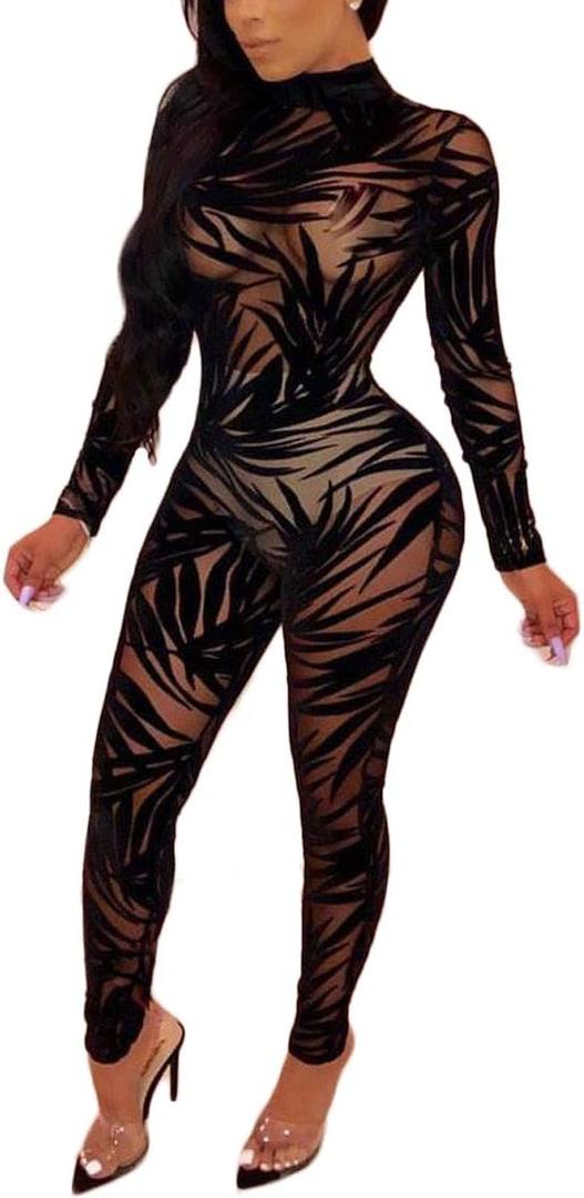 Uni Clau Women See Through Bodycon Jumpsuit - One Piece Deep V Neck Outfits Sheer Mesh Leopard Clubwear Jumpsuit Rompers (X-Large, Cy-black)