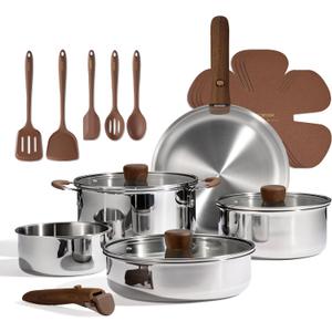 CAROTE 19pcs Stainless Steel Cookware Set with Detachable Handle, Pots and Pans Set, Induction Kitchen Cooking Sets, RV/Camping Cookware, Removable Handle, Oven Safe, Woodgrain, Mothers Day Gifts