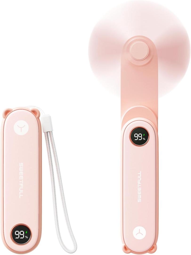 SWEETFULL Portable Handheld Mini Fan with LED Display, 2-in-1 Personal Foldable USB Rechargeable Hand Held Fan & Flashlight for Travel, Lash Eyelash, Cute Small Pocket for Women, Girls (Pink)