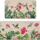 Spring Summer Geranium Flower Kitchen Rugs Set of 2, Hummingbird Red Floral Palm Leaves Kitchen Mats Decor, Monstera Floor Door Mat Home Decorations -17x29 and 17x47 Inch