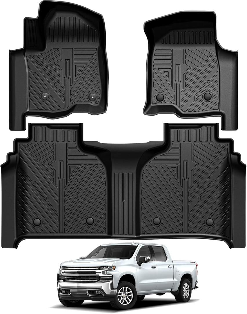Falafa Floor Mats Fit for 2019-2025 Chevy Silverado/GMC Sierra 1500, for 2020-2025 Silverado/Sierra 2500HD/3500HD Crew Cab, All Weather Floor Liners with Rear Underseat Storage Box, Front Bucket Seat