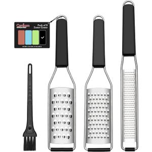 Cambom Lemon Zester Grater Three-piece Suit - Heavy Duty Kitchen Tool for Parmesan Cheese, Ginger, Garlic, Nutmeg, Chocolate, Vegetables, Fruits Stainless Steel Grater Dishwasher Safe Black