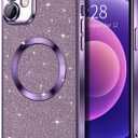 Hython for iPhone 12 Case Glitter, Clear Magnetic Phone Cases with Camera Lens Protector [Compatible with MagSafe] Bling Sparkle Plating Soft TPU Slim Shockproof Protective Cover Women Girls, Purple