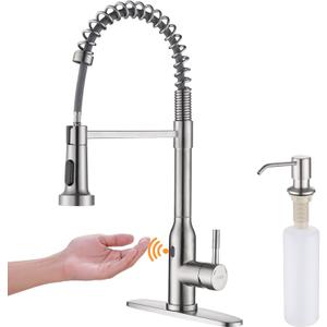 Touchless Kitchen Faucet,KEER Smart Motion Sensor Hands Free Single Handle Spring Kitchen Sink Faucet with Pull Down Sprayer,Brushed Nickel