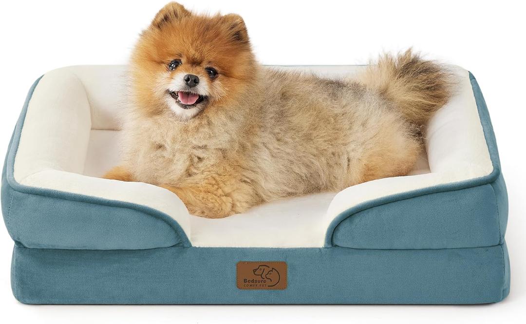Bedsure Small Orthopedic Dog Bed - Washable Bolster Dog Sofa Beds for Small Dogs, Supportive Foam Pet Couch Bed with Removable Washable Cover, Waterproof Lining and Nonskid Bottom Couch, Blue (24.0"L x 18.0"W x 6.0"Th, Dune Haze Blue)