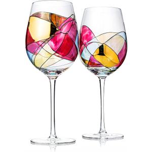 Artisanal Hand-Painted Renaissance Stained Glass, Glasses 2-Piece Set Mothers Day Idea for Her or Him Birthday, Housewarming Large 29oz Stemmed Goblets, Glassware Gifts for Women