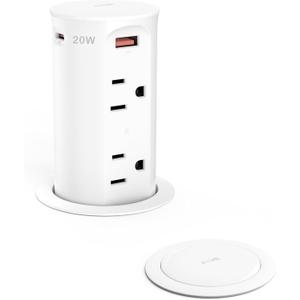 Pop up Outlet for Countertop,2.5-inch Hole Desktop Power Grommet,Recessed Power Strip,20W USB C Fast Charging,4 Outlets 4 USB Ports,15Amp Tamper Resistant Receptacle,White