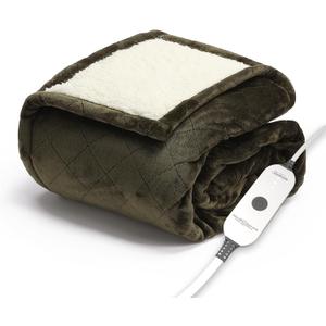 Sunbeam Quilted Royal Posh Velvet Reverse Sherpa Heated Throw Electric Blanket, 50" x 60", 4 Heat Settings, 4-Hour Auto Shut-Off, Warming Cozy Throw for Couch, Sofa or Bed, Machine Washable, Olive