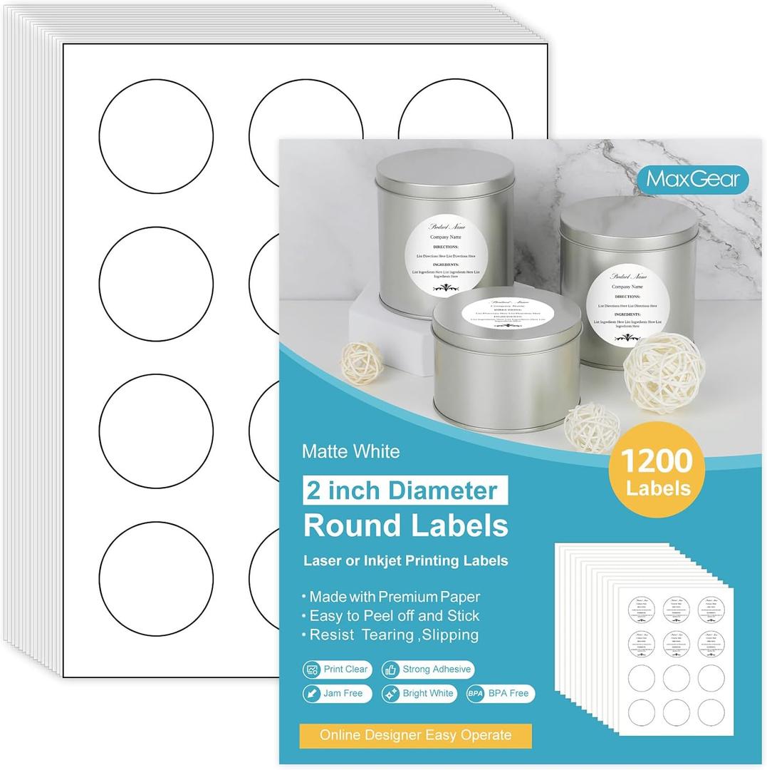 MaxGear 2" Round Sticker Labels, for Inkjet or Laser Printer, Matte White Printable Labels Sheets, Strong Adhesive, Dries Quickly, Holds Ink Well, 100 Sheets, 1200 Pcs