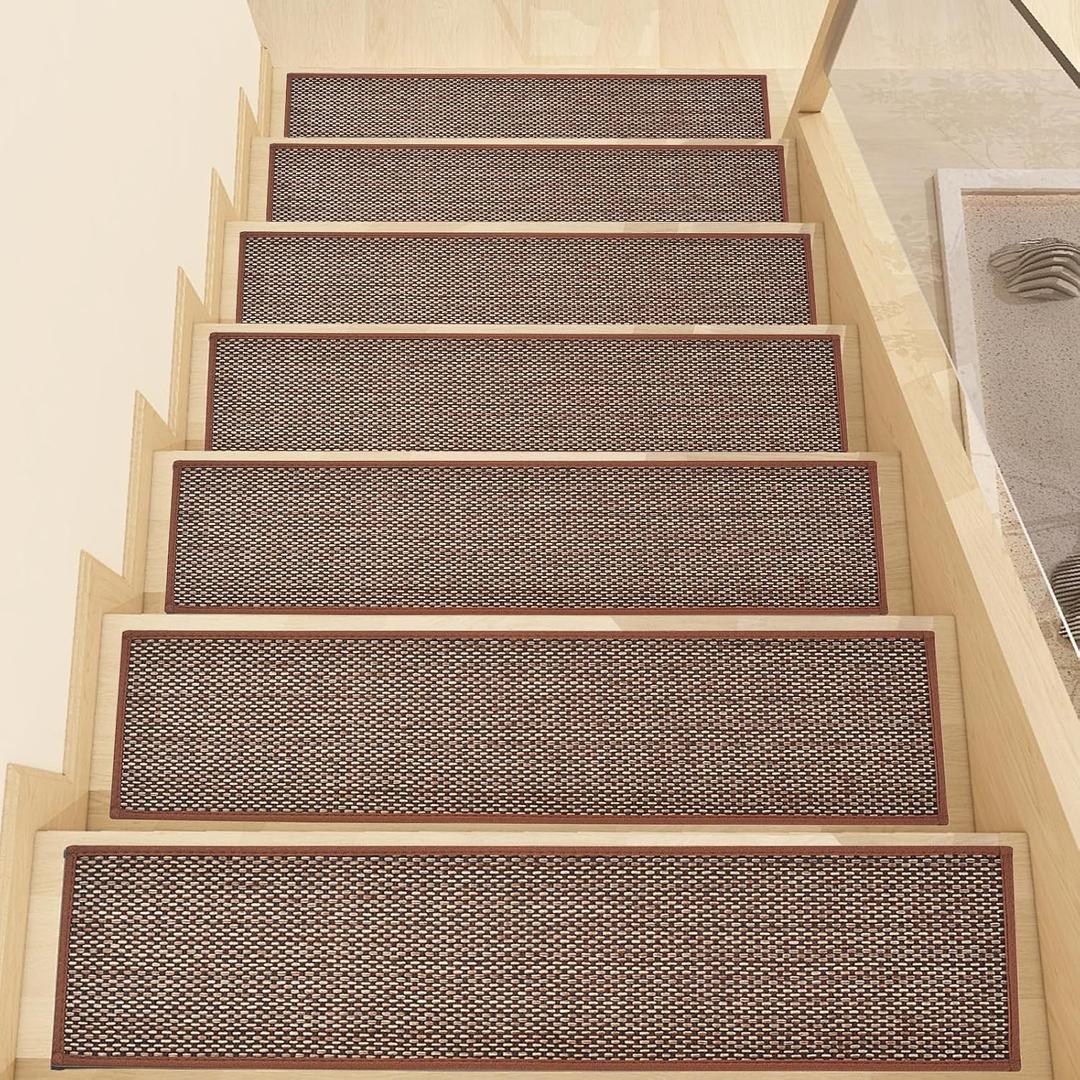 Stair Treads Non Slip, Rubber Backing Stair Treads for Wooden Steps, 15 PCS Thicken Linen Carpet Stair Runners Indoor for Kids Elders and Pets, No Residue Stair Carpet Treads, 8"x30", Brown