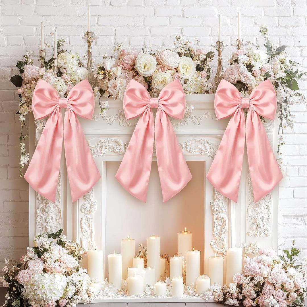 Suncalla 3 Pcs 2 ft Large Pink Bow Decorations Big Satin Bows Hanging Wall Decors for Wedding Coquette Birthday Backdrop Bridal Shower Bachelorette Room Fireplace Party Supplies