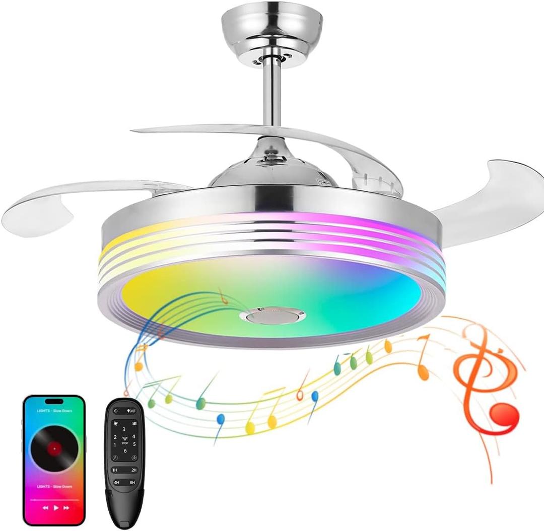 48 inch Modern Retractable Ceiling Fan with Lights and Remote Control, 6Speed Dimmable Fandelier, Smart Ceiling Fan Light with Bluetooth Speaker, RGB Color Reversible Bedroom Living Room, Chrome