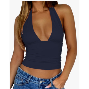 Womens Backless Halter Tops Deep V Neck Sexy Crop Tank Top Open Back Sleeveless Slim Fit Y2k Summer Tops Small, Navy Blue 
