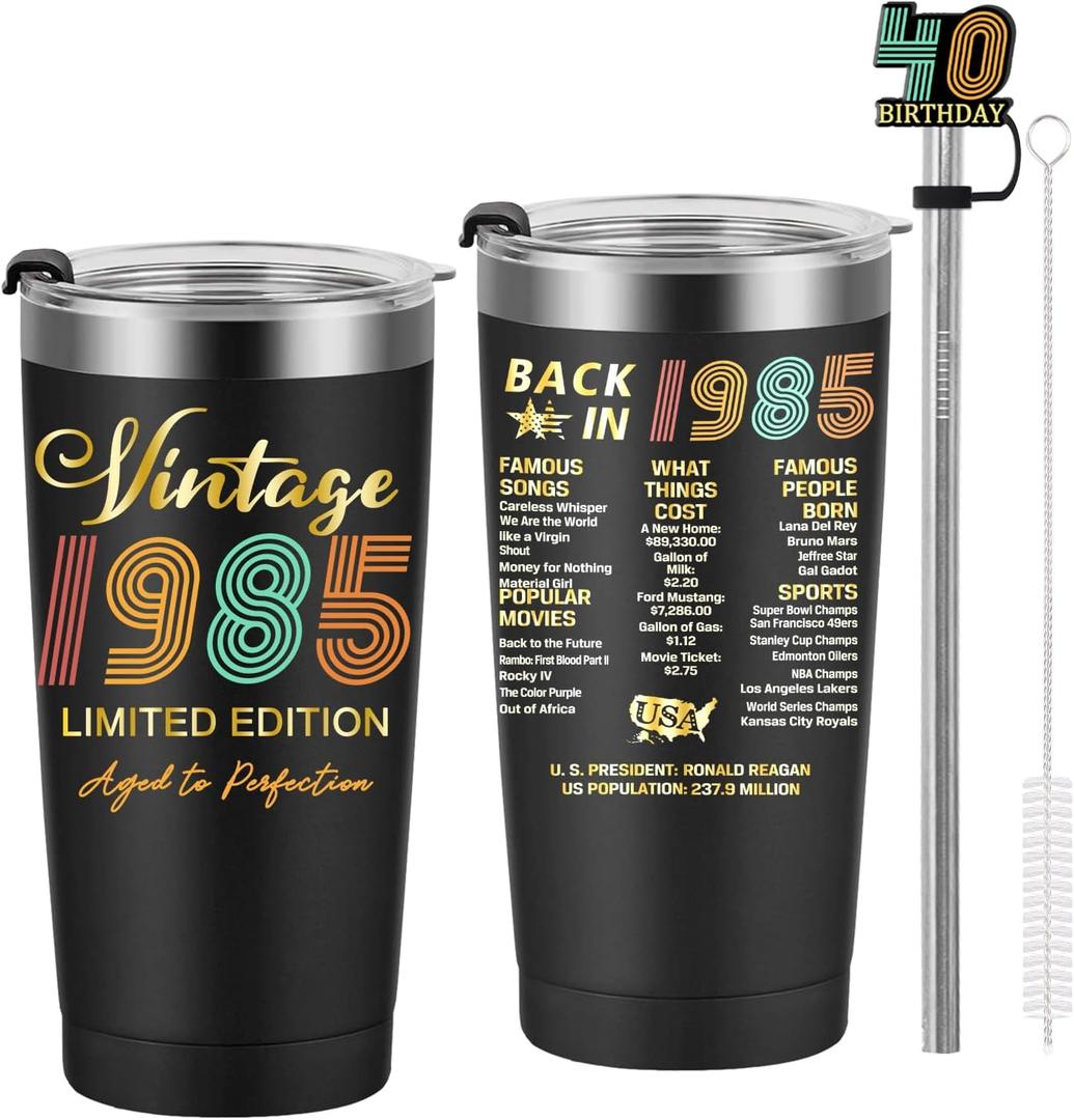 1985 40th Birthday Gift for Women and Men - 40th Gifts for Parents - 40th Class Reunion - Mom Dad Wife Husband Grandpa Grandma Present - 20oz Tumbler Cup Black