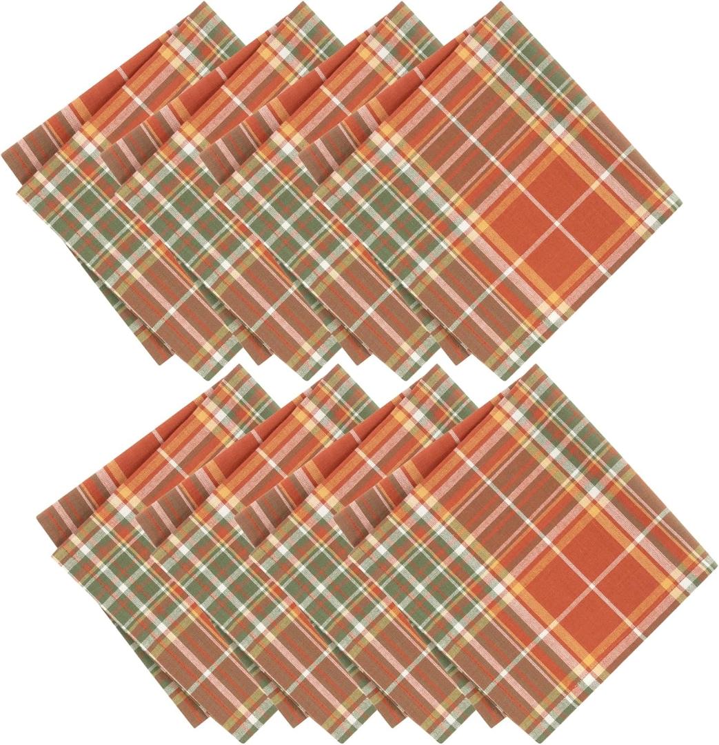 Elrene Home Fashions Hawley Plaid Fall/Harvest Thanksgiving Woven Cotton Dinner Napkins, 17"x17", Set of 8