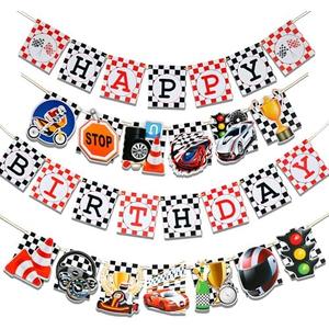 Set of 8 Race Car Happy Birthday Party Banners,Racing Theme Garlands Checkered Flag for Birthday Party Supplies Photo Props Baby Shower Wall Decor