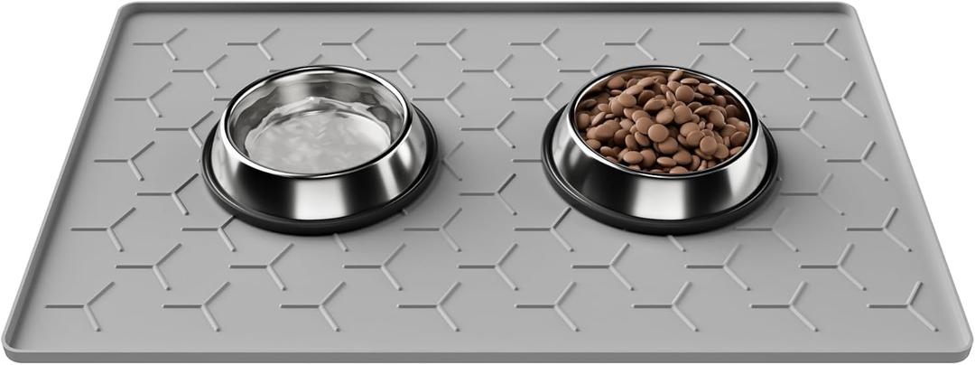 Pieviev 24''x16'' Dog Cat Food Bowl Mat, Silicone Waterproof Food Grade Pet Food Mat for Floor, High Raised Edge to Prevent Spills, Non-Slip & Easy Clean Pet Placemat for Dog & Cat Bowls, Light Gray