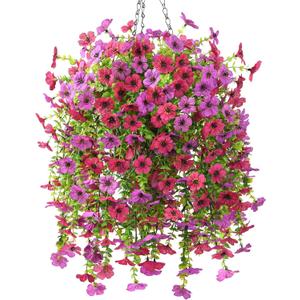 INQCMY Artificial Hanging Flowers with Basket for Spring Outdoor Decoration 3 Bunches of Silk Daisy Flower Uv Resistant for Garden Porch Patio Balcony Yard Decor (Purple Red)