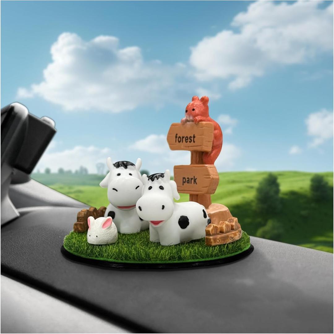 CusDusk Cow Farm Car Dashboard Decor Set, Simulation Miniature Farm Cow Resin Animal Figurines Ornaments with Round Grass, Automotive Interior Accessories for Vehicles, SUV, Truck, Van