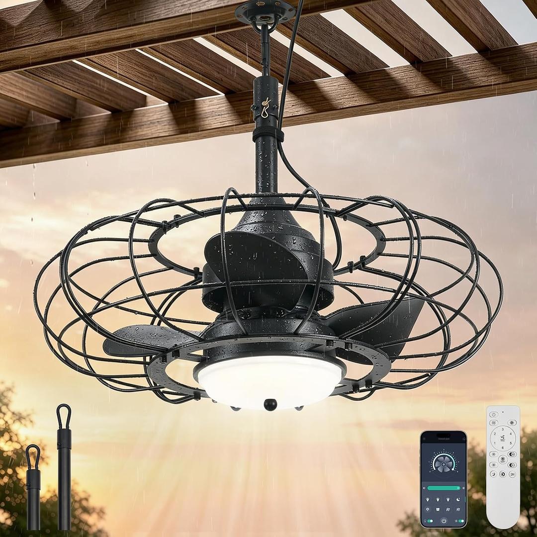 AHAWILL 20" Black Outdoor Ceiling Fan with Light and Remote/APP,3CCT 6 Speed Gazebo Fan Outdoor Hanging Hook,IP65 Waterproof Plug in Ceiling Fan for Patios, Garage, Porch, Pergola,Canopy, Small