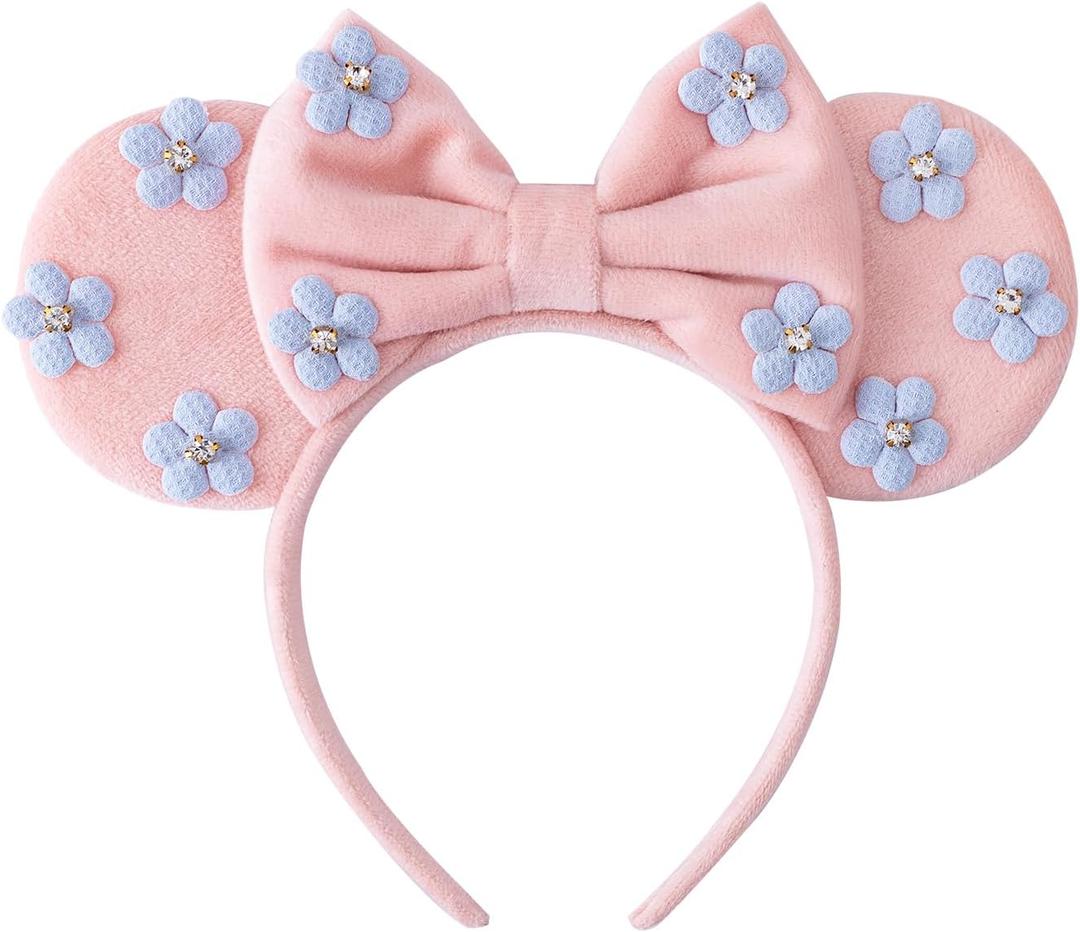 KARETT Sequins Mouse Ears Headband With Glitter Bow Cosplay Costumes Princess Party Decorations For Girls Women (Light Pink Flowers)
