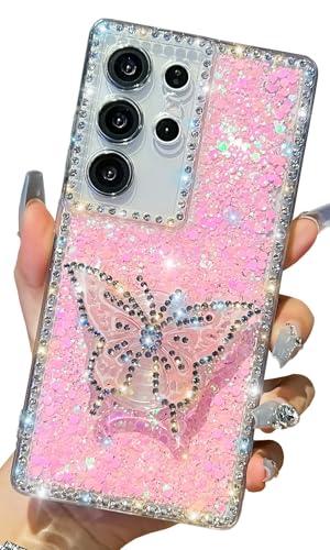 Kwhapoo Cute Compatible with Samsung Galaxy S23 Ultra 6.8 inch Girly Case, Bling Glitter Diamond Butterfly Kickstand Case, Soft Silicone Cases for Women (Pink)