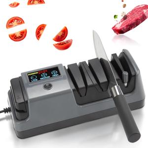 Professional 3-Stage Electric Knife Sharpener for Kitchen Knives, LCD Screen, 100% Diamond Abrasive, Adjustable Rotational Speed, Precision Angle Guides for Straight Edge and Serrated Knives (Gray)