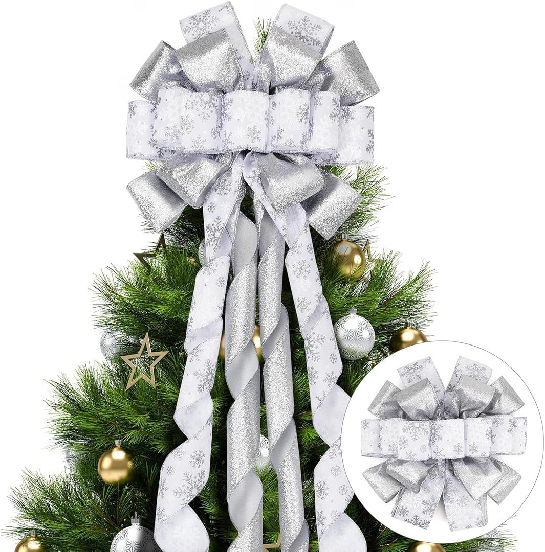 Christmas Tree Topper Bow, 53x13 Inches Xmas Large Toppers Bows, Silver Polyester Snowflake Decorative Bow for Christmas Indoor/Outdoor Decor(Snowflake Pattern Style)