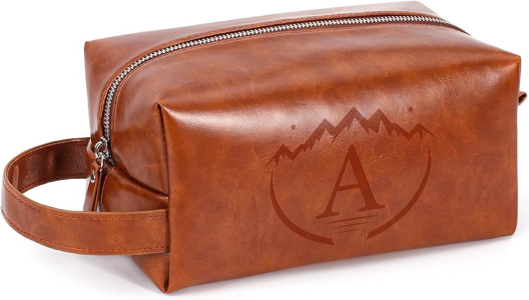 Toiletry Bag for Men,Personalized PU Leather Waterproof Travel Essentials,Mens Shaving Bags for Toiletries Accessories,Birthday Gifts For Men (Brown A, Brown)
