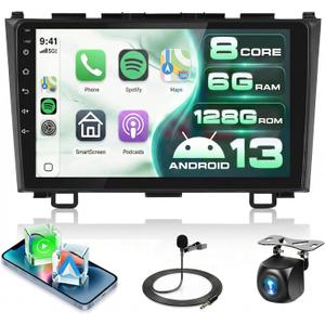 8 CORE 6G+128G Car Radio Stereo for Honda CRV 2007-2011 with Wireless CarPlay/Android Auto, 9 Inch HD Touch Screen Android 13 Head Unit GPS/WiFi/Bluetooth/32-Band DSP/USB/SWC+HD Backup Camera