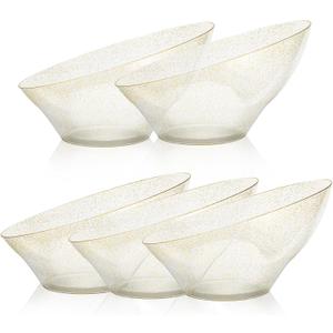 Goodluck 5 Pack Gold Glitter Plastic Serving Bowls for Party - 20 OZ Angled Disposable Serving Bowls for Wedding Party Chip, Candy, Salad & Fruit