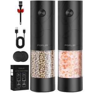 FORLIM Electric Salt and Pepper Grinder Set, USB Rechargeable, Automatic Salt Pepper Mill Grinder with Dust Cover, One-Button Control, Adjustable Coarseness, Warm LED Light (2 Packs, Black)