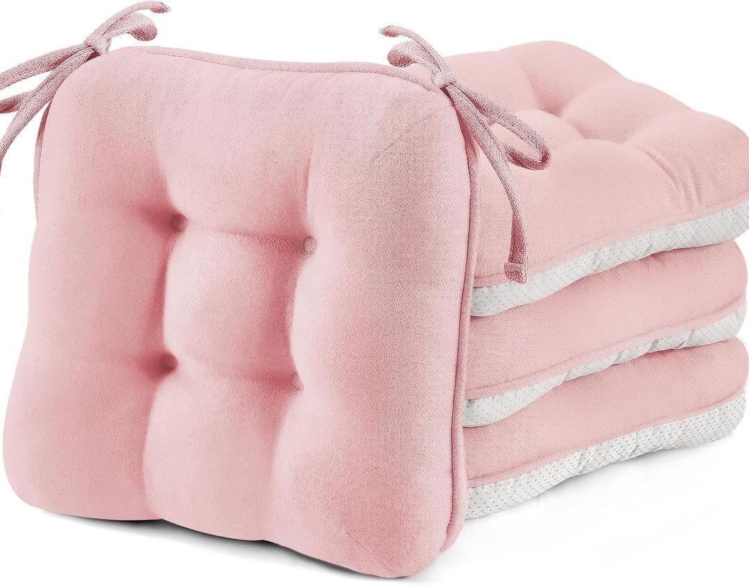 BETU Pink Chair Cushions for Dining Chairs Set of 4,3.5" Thick Kitchen Table Chair Pads with Ties,Non Slip Backing and Covers, Seat Cushion for Dining Room,Bar,Patio Chairs,15.5"X15.5"X3.5",Pink