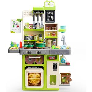 Kids Play Kitchen Set, Kitchen Toys with Realistic Sound & Light, Cooking Stove, Sink, Play Food and Kitchen Accessories, Kitchen Playset Gifts for Toddlers Girls Boys (Green)