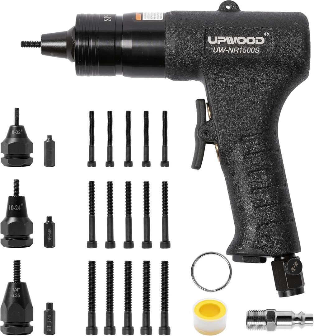 Pneumatic Rivet Nut Gun with #8-32, 10-24 & 1/4-20 Quick-Change Nose-Piece Assembly, Air Rivet Nut Pull Setter Tool, 5pcs Mandrels Included with Each Size NR1500S