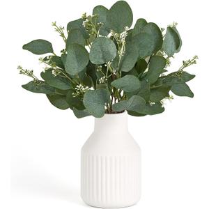 Dahey Artificial Eucalyptus Stems in Small Ceramic Vase Centerpiece Table Decorations Modern Farmhouse Decor Fake Eucalyptus Plants with Vase for Bathroom Kitchen Shelf Living Room Home Decor, White (Medium)