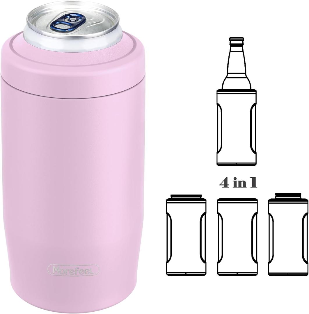 4-in-1 Skinny Can Cooler Double Wall Stainless Steel Insulated Can Holder,Can Coozie, Works With 12 Oz Slim Can,Standard Cans,Beer Bottles & As Pint Cups (Pink)